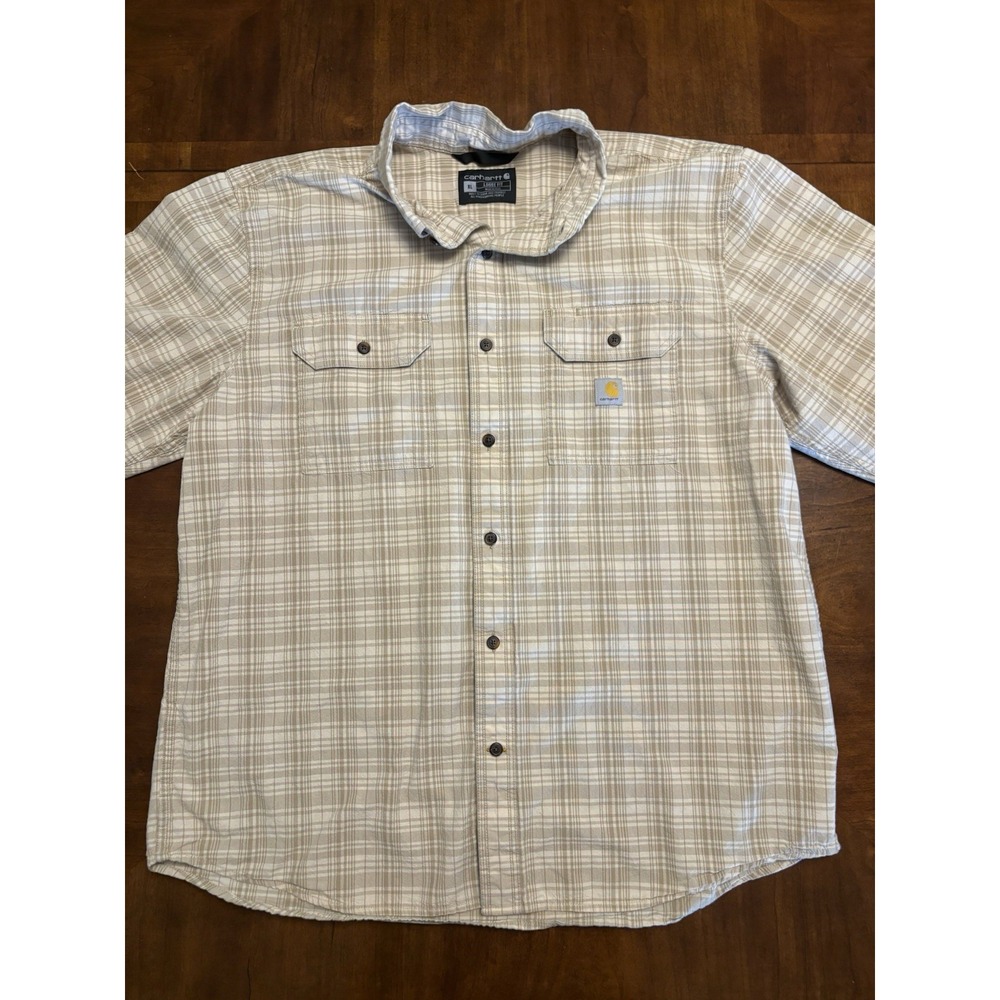 Carhartt Plaid Button Down Shirt Mens XL Beige Loose Fit Long Sleeve Workwear